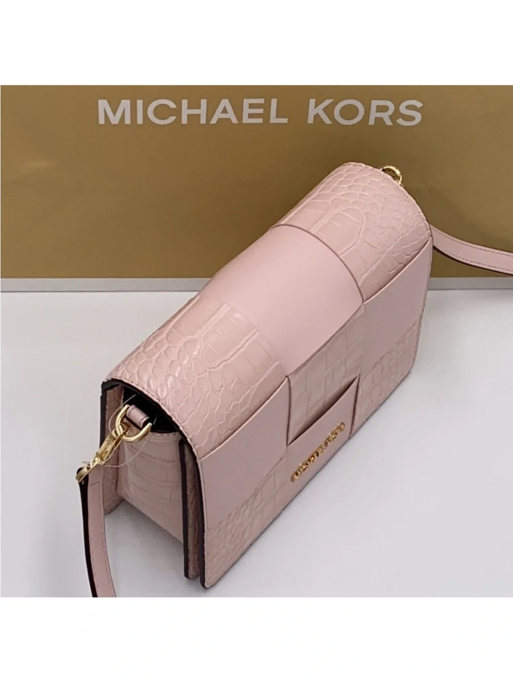 Michael Kors Mercer powder blush Woven Croc-Embossed Leather Crossbody